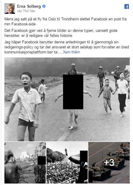 Nữ Thủ tướng Na Uy Erna Solberg chỉ trích quyết định gỡ bỏ bức ảnh của Facebook