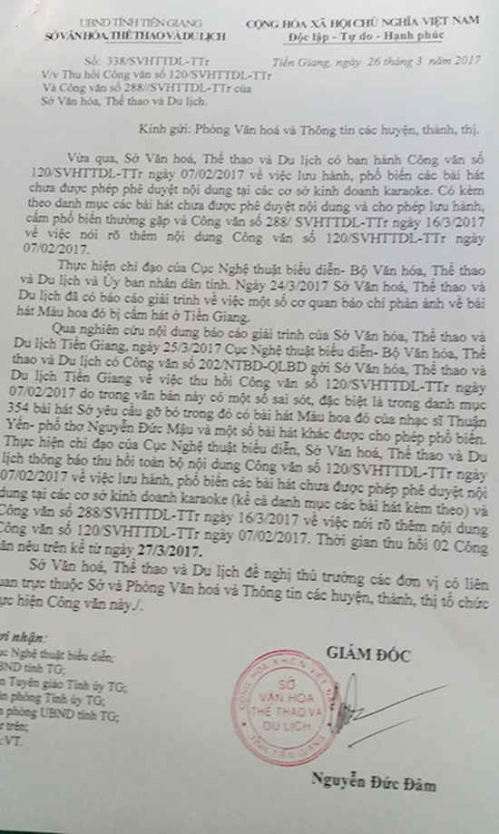 Công văn 338 của Giám đốc Sở VH-TT&DL tiền Giang thu hồi 2 công văn trước đó gây xôn xao dư luận.