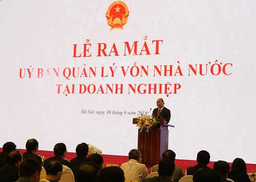 Thủ tướng Nguyễn Xuân Phúc phát biểu tại tại Lễ ra mắt Ủy ban Quản lý vốn nhà nước tại doanh nghiệp. Ảnh: Minh Sơn