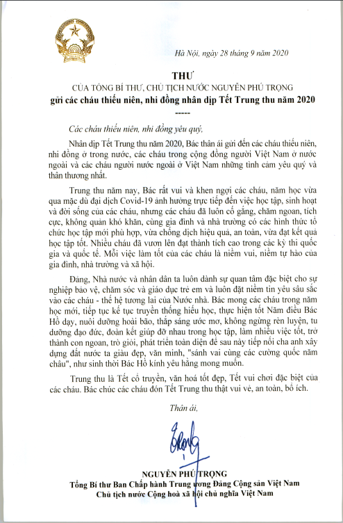 Thư gửi các cháu thiếu niên, nhi đồng của Tổng Bí thư, Chủ tịch Nước Nguyễn Phú Trọng.